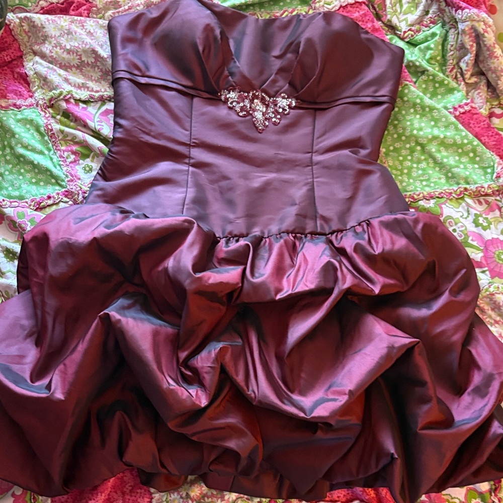 Strapless Burgundy Taffeta Party Dress with Embellished Bodice